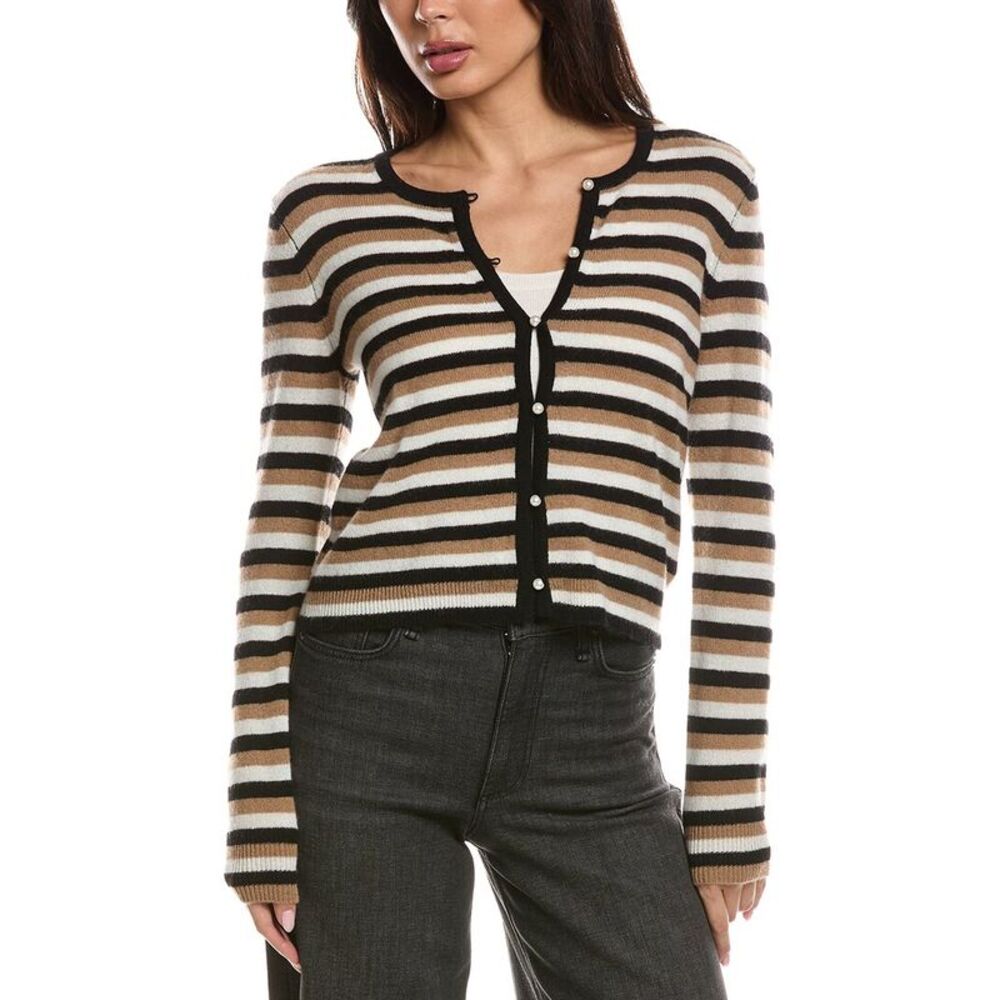 The Cashmere Project Womens  Stripe Pearl 100% Cashmere Cardigan, Black